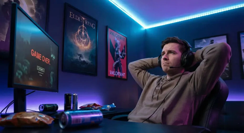 A frustrated young man wearing a headset leans back in his gaming chair with hands behind his head, looking away from a monitor showing a "GAME OVER" screen in an LED-lit room with gaming posters.