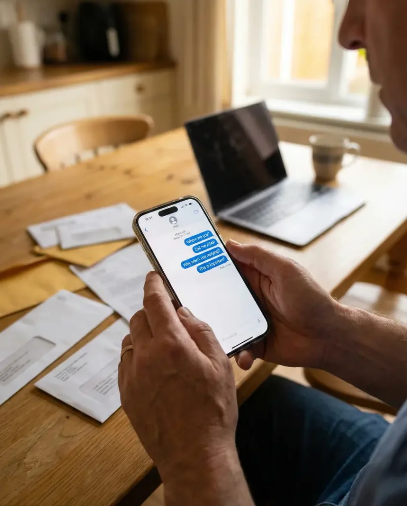 Close-up of hands holding a smartphone displaying a chain of unanswered text messages, illustrating communication breakdowns with real estate leads.