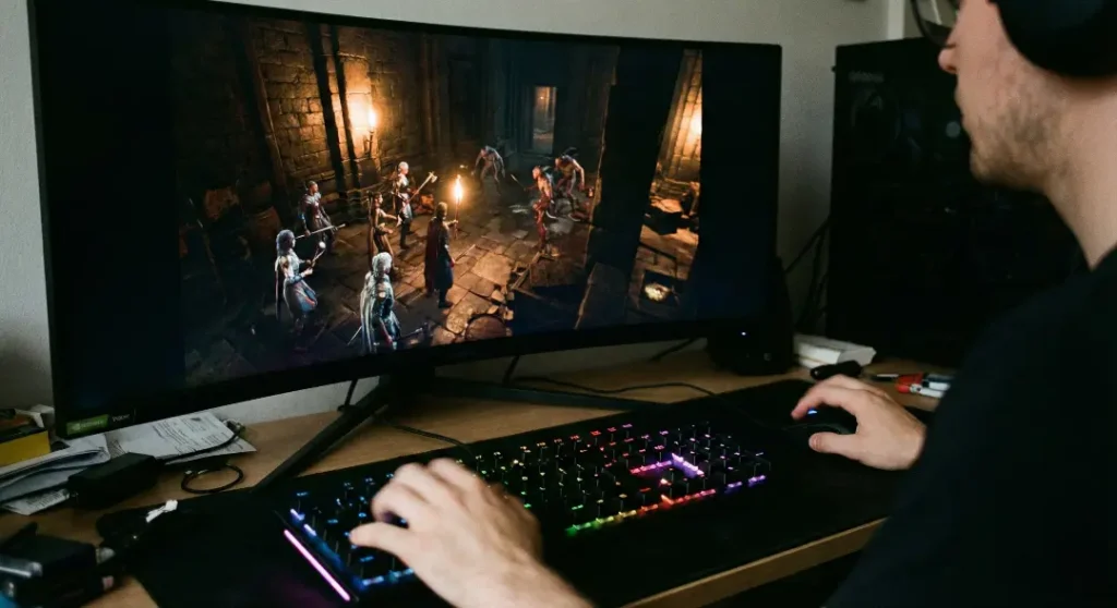 Over-the-shoulder view of a gamer using an RGB mechanical keyboard and mouse while playing Baldur's Gate 3 dungeon gameplay on a large curved ultrawide monitor in low light.