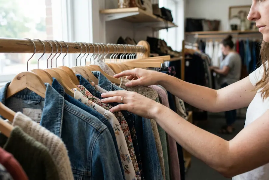 Close-up of a woman's hands sorting through various garments hanging on a wooden rack at a thrift store, depicting an authentic secondhand shopping experience.