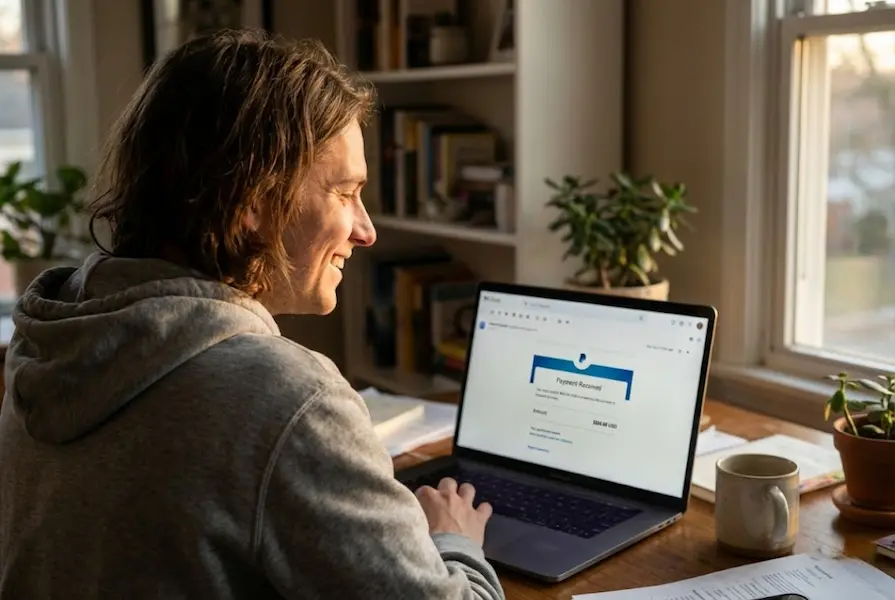 Rear view of a smiling professional in a home office celebrating a payment milestone on their laptop screen during evening golden hour, capturing a moment of authentic freelance success.