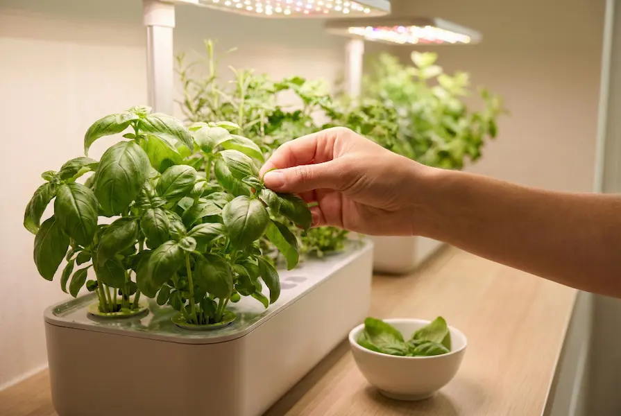 Close-up of a hand picking fresh green basil leaves from a smart indoor garden system with LED grow lights in the background.