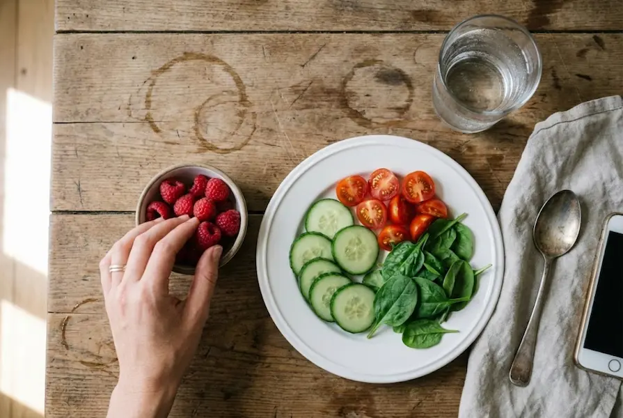 Overhead view of a healthy breakfast on a rustic wooden table featuring a plate of cucumbers, tomatoes, and spinach, with a hand reaching for a bowl of fresh berries next to a glass of water.