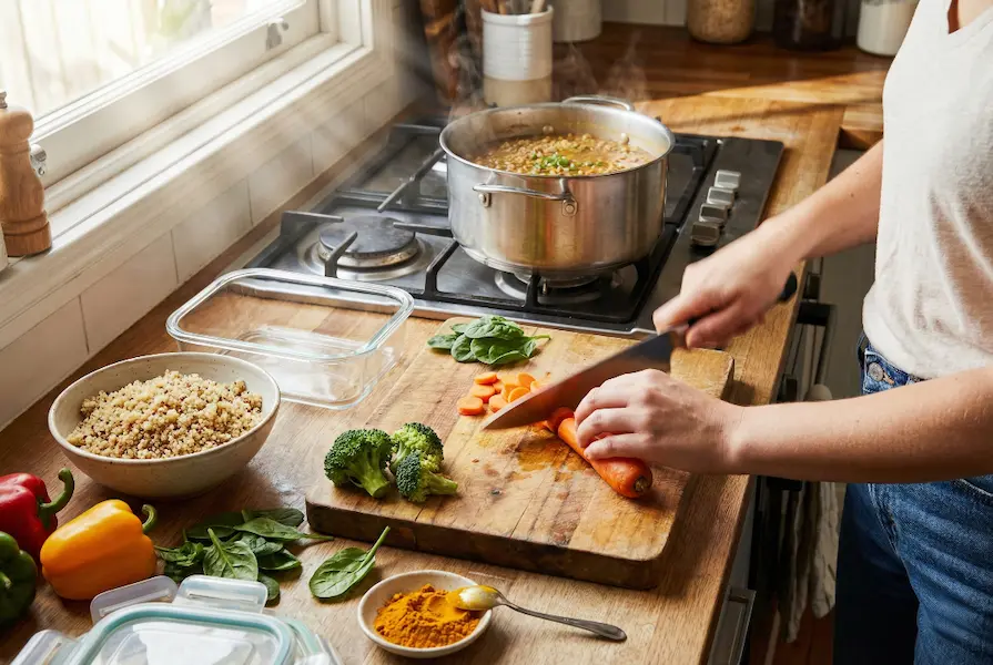 High-angle view of a woman chopping fresh carrots on a wooden board for meal prep, surrounded by a pot of lentil soup, cooked quinoa, spinach, and glass storage containers in a sunlit kitchen.