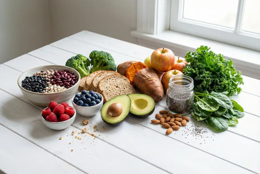 A variety of fiber-rich whole foods arranged on a table, including mixed beans, fresh berries, whole grain bread, broccoli, almonds, and leafy greens for a healthy diet.
