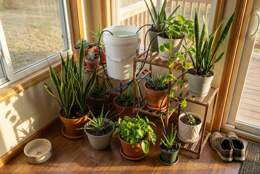 Functional DIY self-watering setup in a sunlit living room featuring a 10-gallon bucket reservoir and tubing connected to multiple indoor plants like snake plants and pothos.