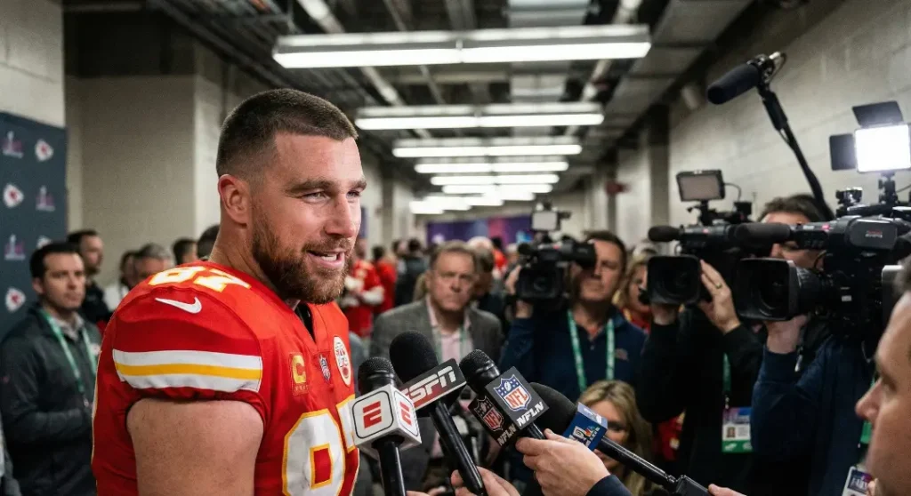 Kansas City Chiefs tight end Travis Kelce #87 speaking into multiple microphones during a press conference with a smirk on his face.