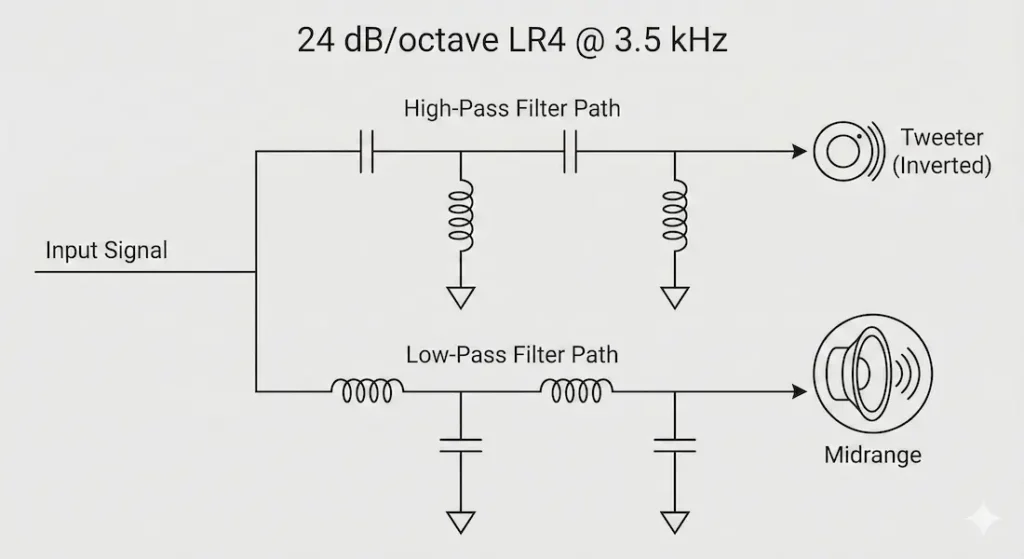 4th order Linkwitz-Riley crossover circuit diagram showing high-pass and low-pass filter paths.