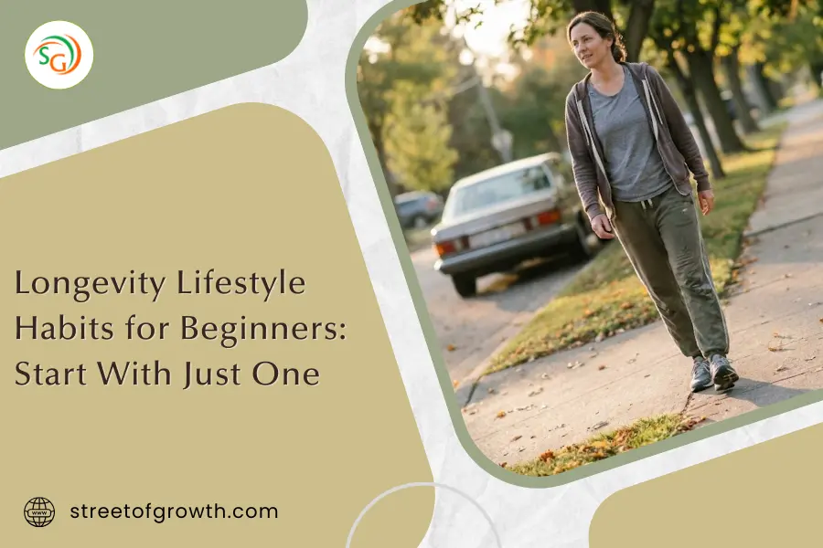 Woman walking on a sidewalk in casual activewear, demonstrating simple longevity lifestyle habits for beginners to start with just one.