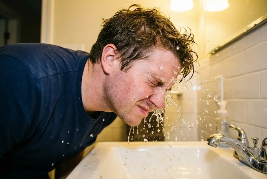 Candid photograph of a manvigorously splashing cold water onto his face over a white bathroom sink, with water droplets frozen in mid-air.
