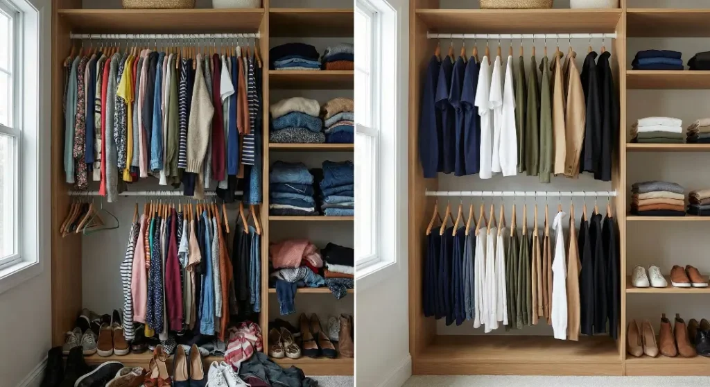 Split screen showing the results of closet organization; the left side is chaotic and overcrowded, while the right side features a color-coordinated minimalist capsule wardrobe with only 28 essential items.