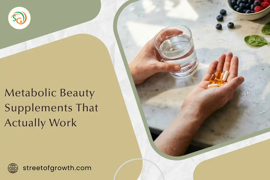 Hands holding capsules next to a glass of water and fresh berries, illustrating metabolic beauty supplements that actually work for skin and health.