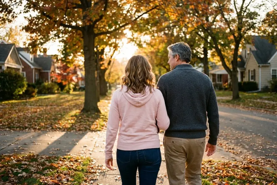 A couple seen from behind walking together down a leafy suburban sidewalk during autumn sunset, casting long shadows.