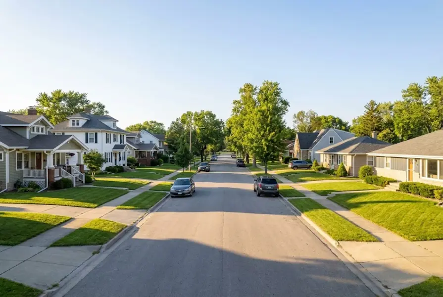 Aerial view of a tree-lined street in a Midwestern American suburb featuring well-maintained single-family homes and green lawns on a sunny day.