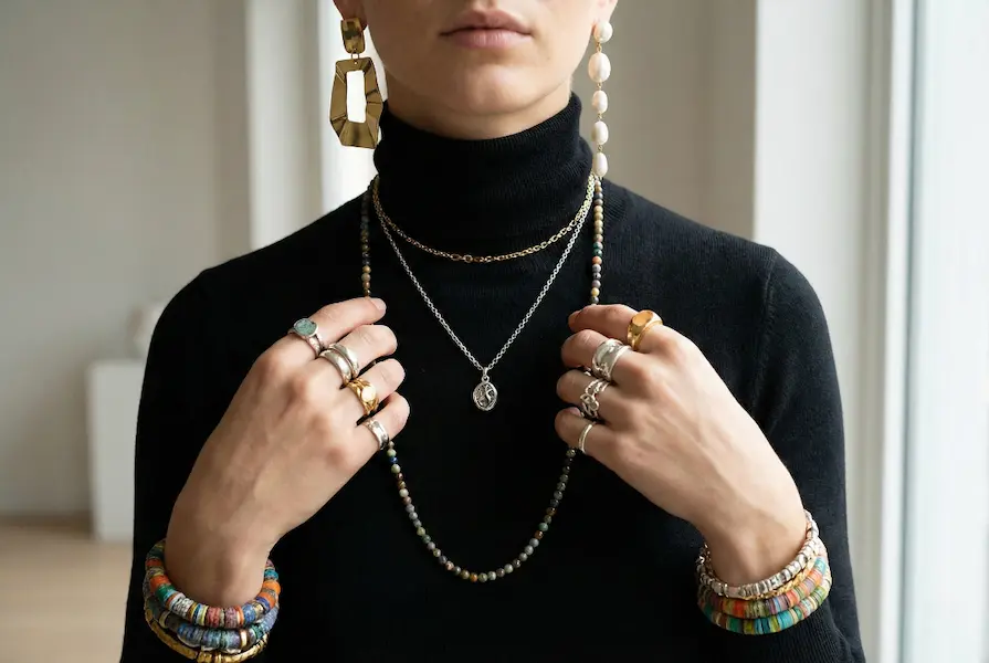 Close-up fashion shot of a woman's upper body showing mismatched geometric and pearl earrings, layered necklaces, and mixed metal rings worn with a black turtleneck, demonstrating the anti-fluency accessory trend.