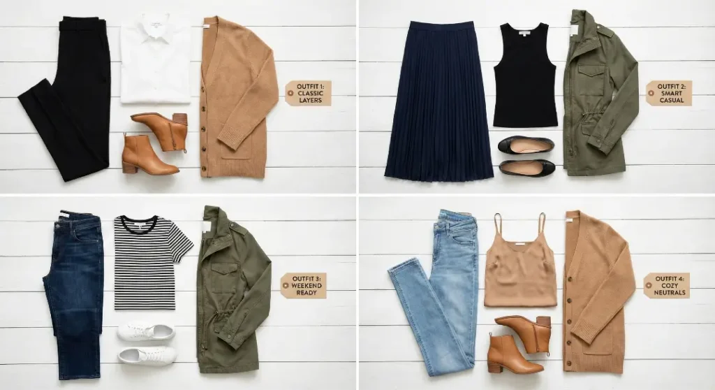 Top-down flat lay photography displaying four distinct outfit combinations created from a minimalist capsule wardrobe, featuring pairings of navy, black, and camel pieces labeled for easy styling.