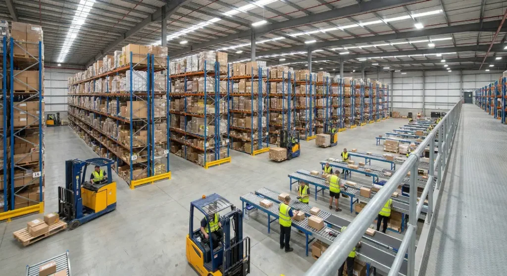 Warehouse workers operating forklifts and scanning packages in a brightly lit distribution center filled with tall shelving units and conveyor belts.