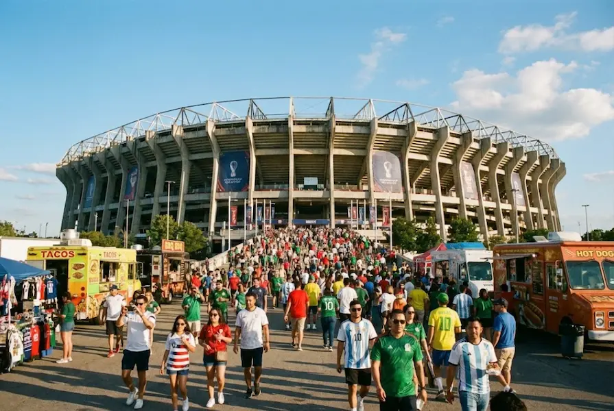 Exterior shot of a modern stadium on a sunny World Cup match day, showing diverse crowds of fans in national team jerseys walking past food trucks toward the entrance.