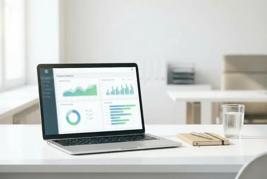 Laptop computer on a minimalist white desk showing a blurred financial dashboard with green and blue charts, positioned next to a notebook, pen, and glass of water in a naturally lit home office.