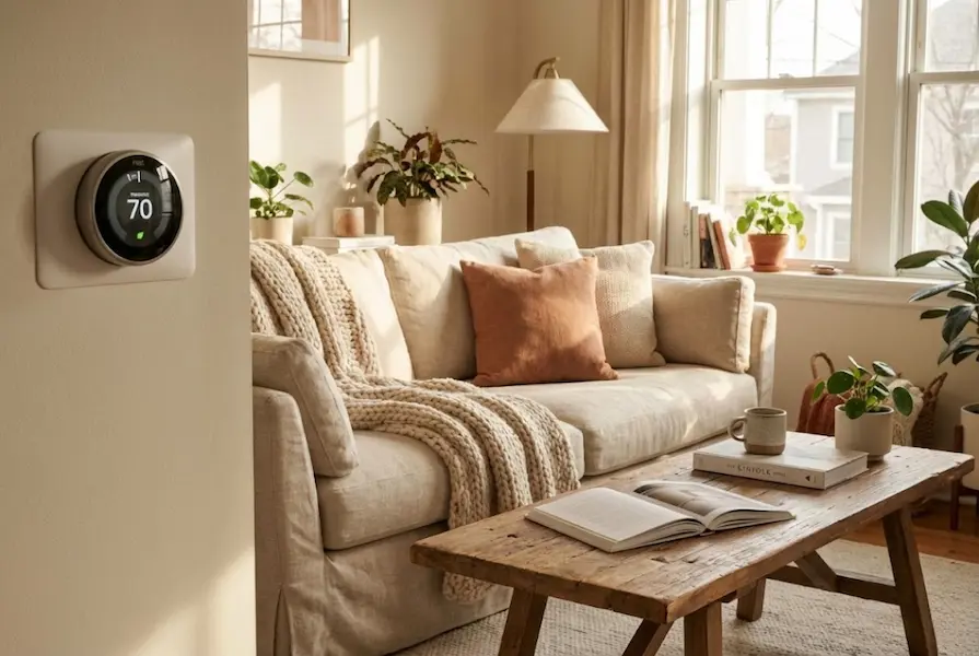 Cozy modern living room featuring a Nest thermostat mounted on the wall, with a comfortable sofa and natural light creating a warm atmosphere.
