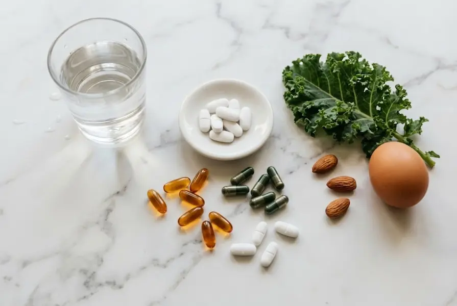 Flatlay arrangement of bone health supplements including calcium tablets and vitamin D and K capsules, alongside natural food sources like kale, almonds, and an egg on a marble countertop.
