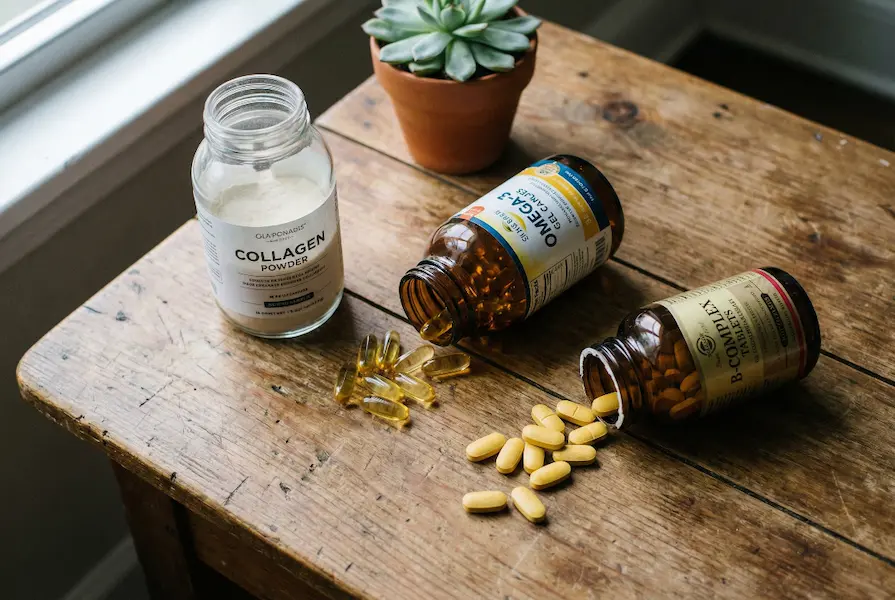 Assorted supplement bottles including Omega-3 and collagen arranged on a wooden table with soft natural window lighting.