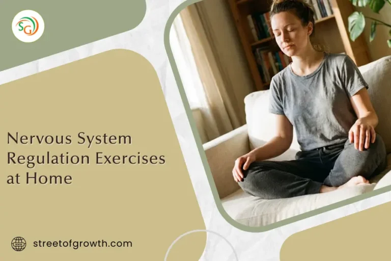 Woman sitting cross-legged on a sofa with eyes closed, practicing nervous system regulation exercises at home to relieve stress.