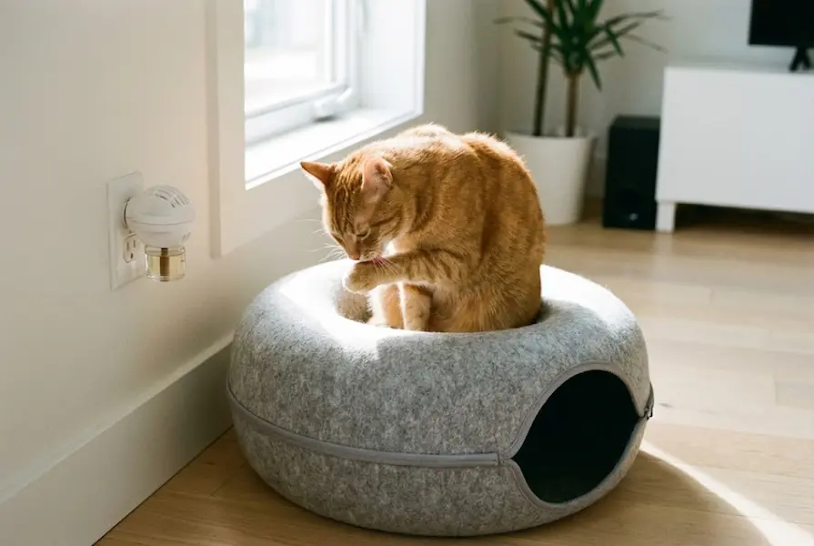 Relaxed orange tabby cat grooming itself on a grey modern cat bed next to a wall outlet with a plugged-in pheromone diffuser.
