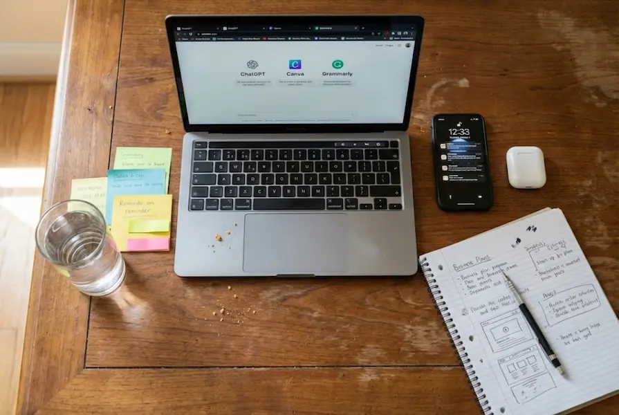 Top-down flat lay of a wooden workspace desk featuring a MacBook Pro displaying productivity tabs, a handwritten business plan notebook, wireless earbuds, and an iPhone, illuminated by natural daylight.
