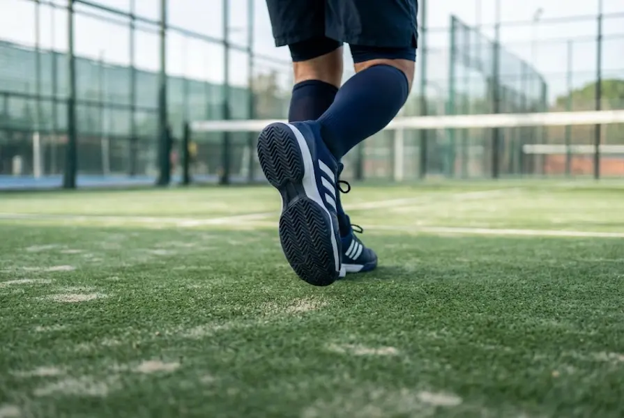 Low-angle close-up of a padel player's feet mid-movement on green artificial turf, showing navy blue athletic shoes with a visible herringbone grip pattern.