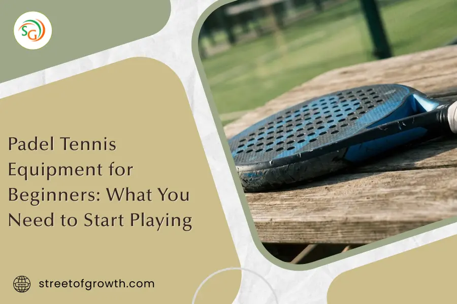Blue padel racket lying on a wooden bench outdoors, illustrating the essential padel tennis equipment for beginners needed to start playing.
