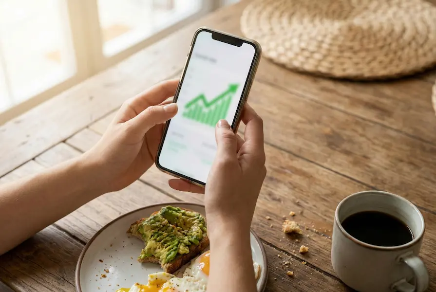 Close-up of hands holding a smartphone displaying a green upward-trending investment chart over a wooden kitchen table with coffee and breakfast, illuminated by soft morning sunlight.