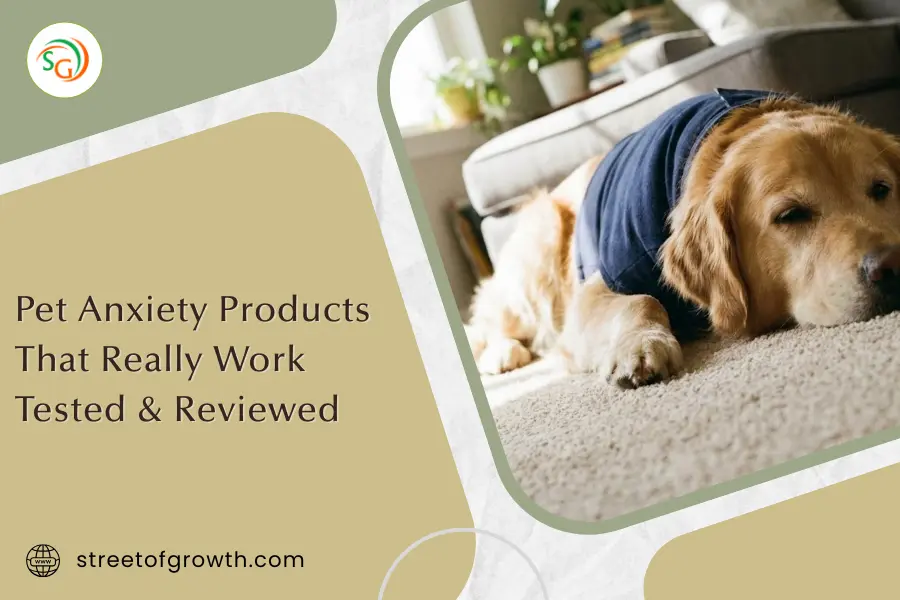 Golden retriever wearing a blue calming vest lying on a carpet, illustrating pet anxiety products that really work, tested and reviewed.