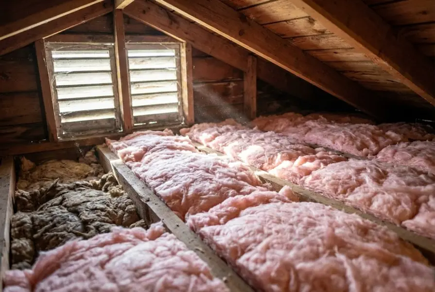 Close-up view of freshly installed pink fiberglass insulation between wooden roof joists in an attic, illuminated by natural light from vents.