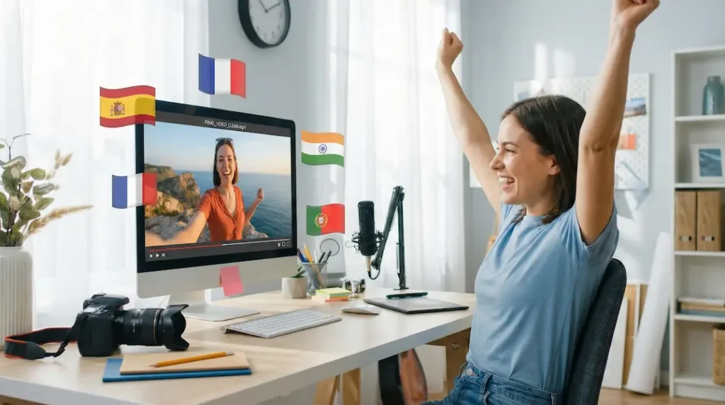 Happy content creator at a desk celebrating a clean, translated video surrounded by floating international language flags.