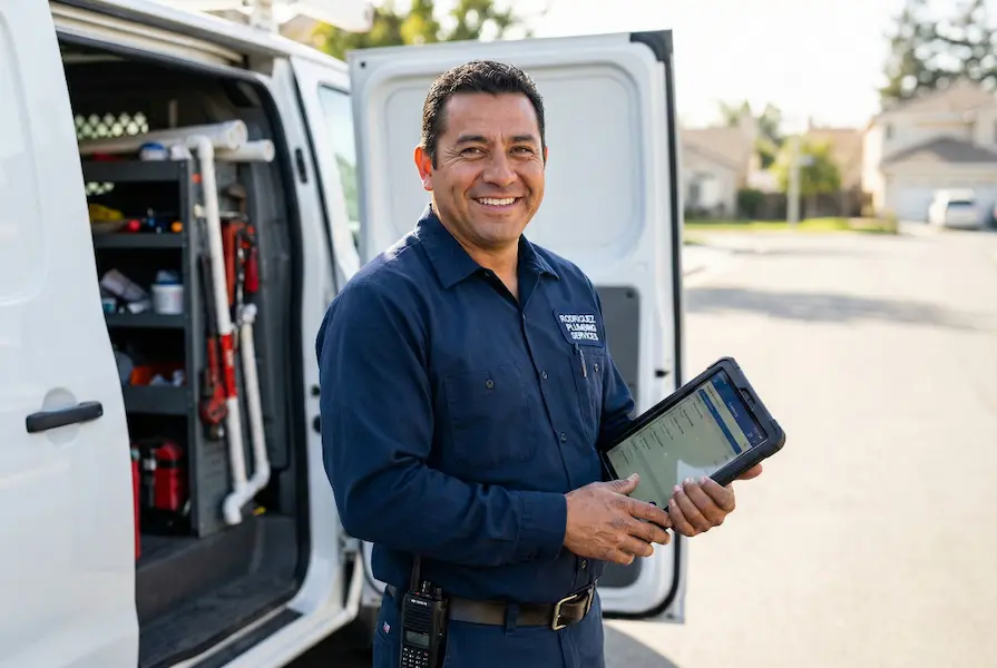 A smiling Hispanic male plumber standing next to his service van, checking his daily work schedule on a digital tablet in a residential area.
