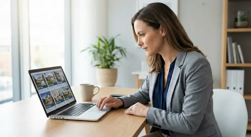 Professional real estate agent in a modern office looking at property listings on a laptop screen with focus and engagement.