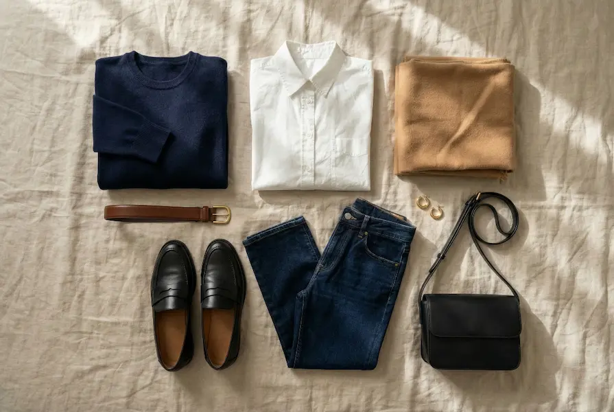 Overhead flatlay of quiet luxury wardrobe essentials arranged on a linen bedspread, featuring a navy cashmere sweater, crisp white button-down shirt, dark jeans, and leather accessories.