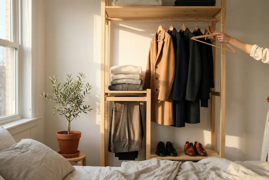 Sunlit minimalist open wardrobe in a bright bedroom featuring a curated collection of neutral wool coats, folded sweaters, and trousers with a hand reaching for a hanger.