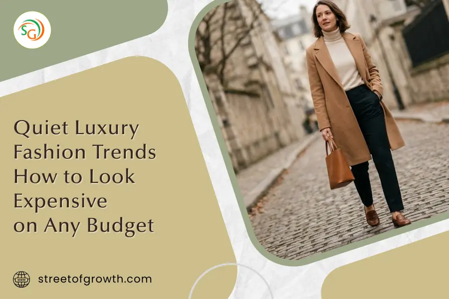 Quiet luxury fashion trends showing a woman in a minimalist neutral outfit, demonstrating how to look expensive on any budget.