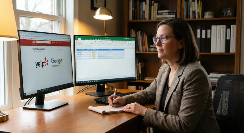 Real estate professional sitting at a desk comparing online reviews and spreadsheet data across two computer screens to conduct market research.