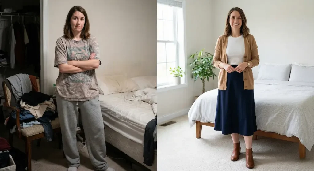 Side-by-side comparison showing a dramatic wardrobe transformation; the left shows a woman in ill-fitting clothes standing awkwardly, while the right shows the same woman looking confident in a chic minimalist capsule wardrobe outfit.