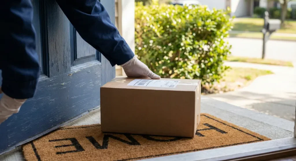 Close-up of a delivery driver's hands placing a small cardboard package on a residential front porch doorstep with a welcome mat.