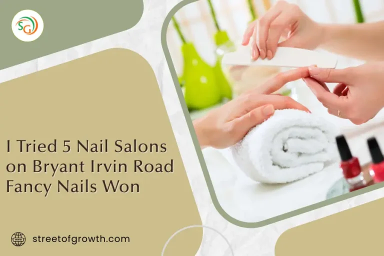 Blog post graphic titled "I Tried 5 Nail Salons on Bryant Irvin Road Fancy Nails Won" featuring a close-up of a professional manicure service.