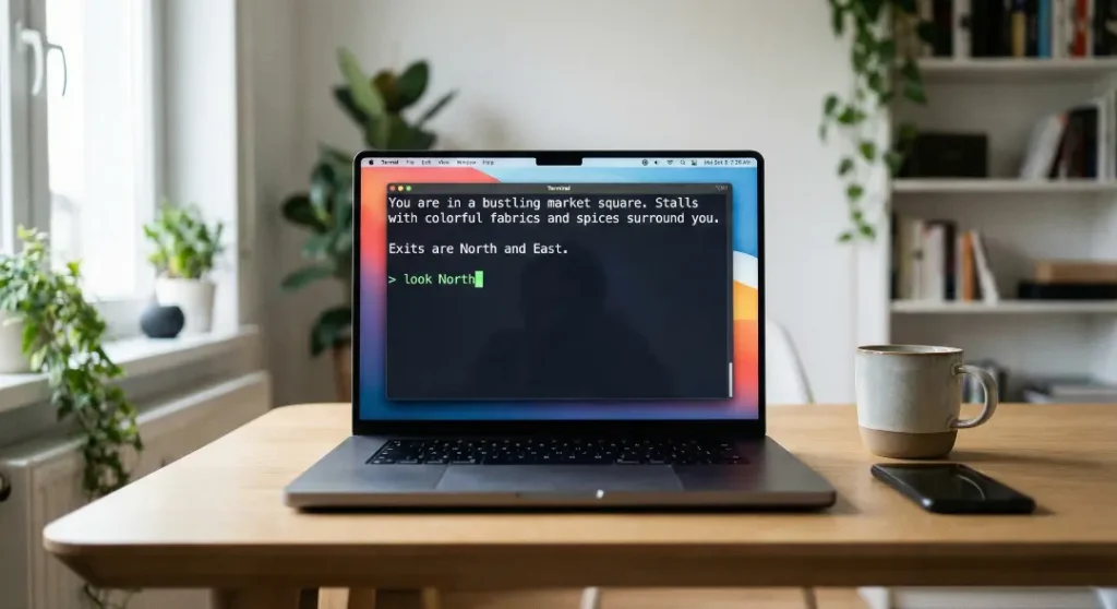 Close-up of a modern laptop screen displaying a terminal window actively running the ScottFree Interpreter for Adventureland with a split-screen text interface.