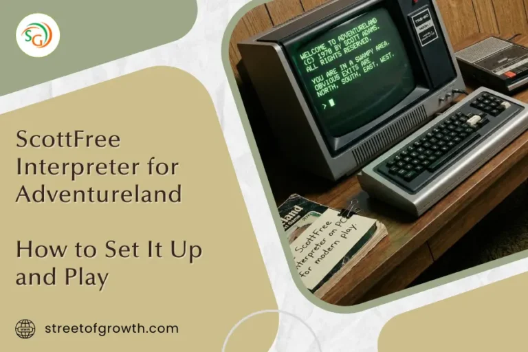 Blog post header featuring a vintage TRS-80 computer running a text game, titled "How to Set It Up and Play," serving as a guide for the ScottFree Interpreter for Adventureland.