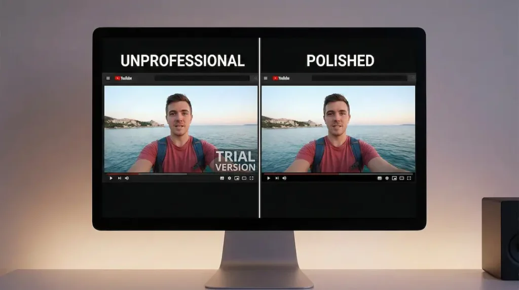 Split-screen interface showing a watermarked video on the left versus a clean, professional video on the right.