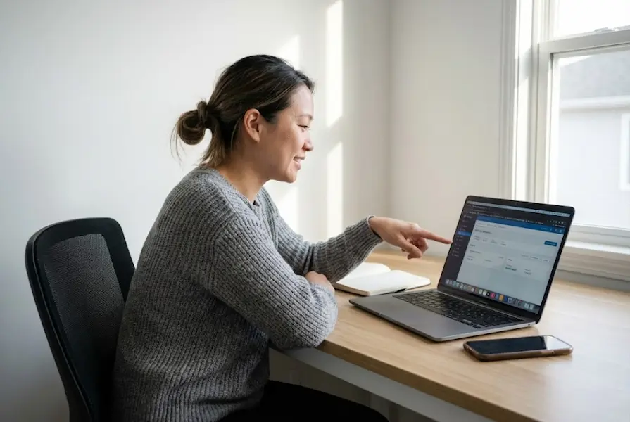 A focused Asian female entrepreneur sitting at a minimalist desk in a modern office, using a laptop to set up business management software.