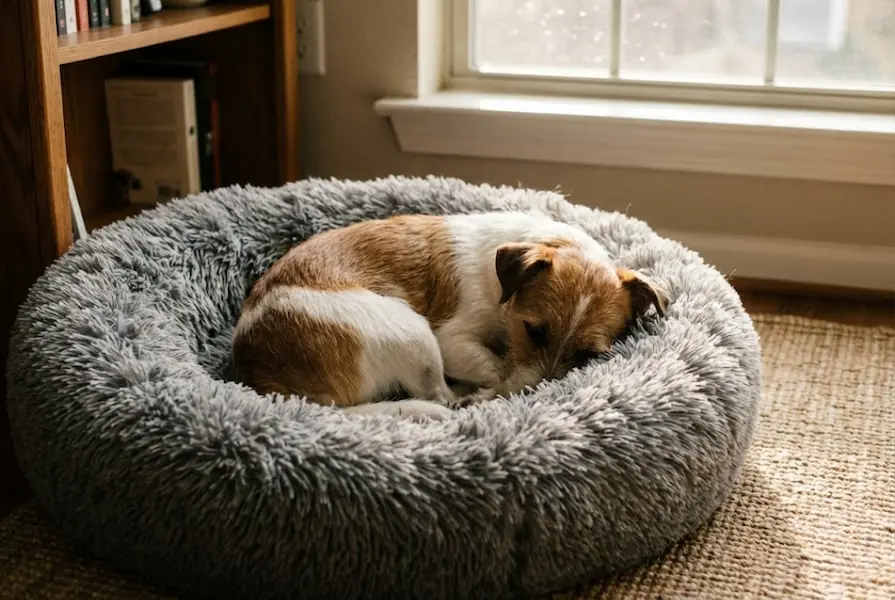 Brown and white terrier mix dog curled up sleeping peacefully in a grey plush donut-style calming bed in a sunlit bedroom.