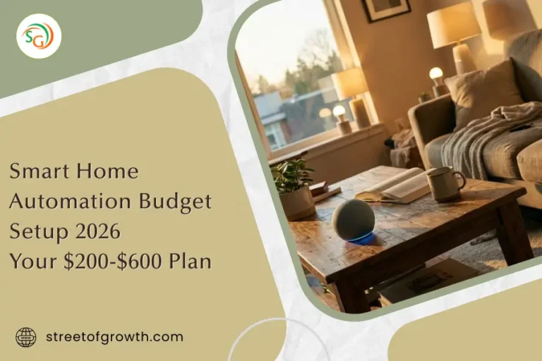 Smart speaker sitting on a wooden coffee table in a cozy living room, illustrating a smart home automation budget setup for 2026 within a $200-$600 range.